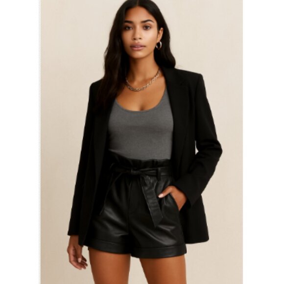 Faux Leather Ultra High Rise Paperbag Belted Black Shorts Size Medium NWOT - Picture 1 of 9